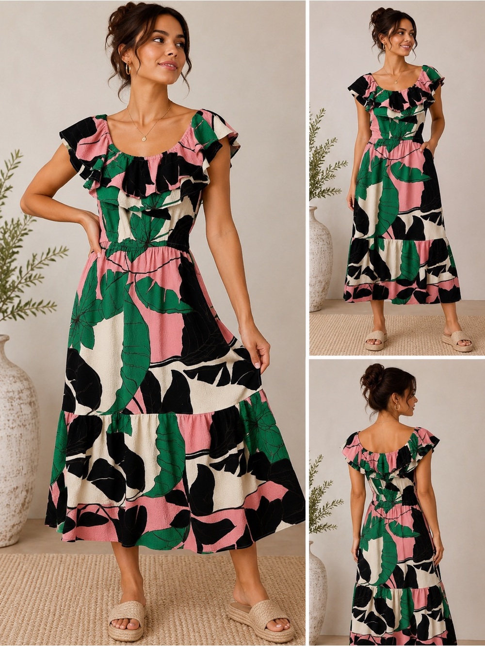 sofia by sofia vergara Pink, Green & Black Off-Shoulder Floral Midi Dress